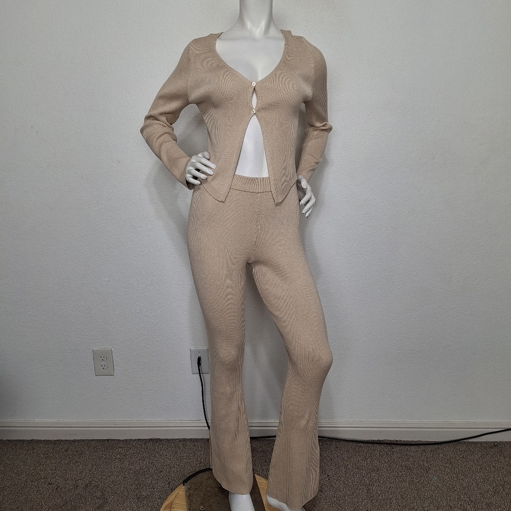 Pink Rose "NEW' Tan Bohemian Boho Hippie Cardigan Sweater and Pants Set Size M